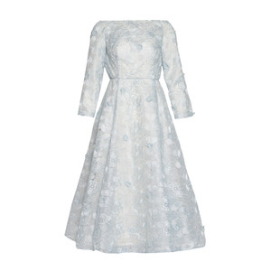
Three-dimensional flowers HAUTE FANCIES post-conceived light blue French one-length high-waist A-swing dress
