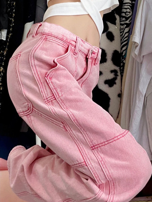 taobao agent Retro fuchsia spring jeans, summer pants, American style, high waist, loose straight fit