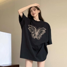 Butterfly T-shirt women's half sleeved summer 2024 new loose design feeling niche American retro black short sleeved top
