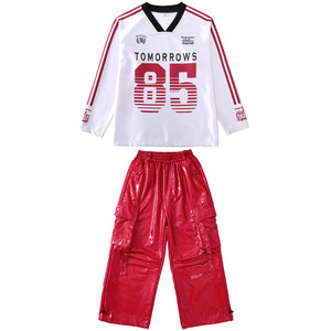 
Children's cool street dance performance trendy clothing hip-hop hiphop workwear shiny red leather pants boys and girls drum set clothing