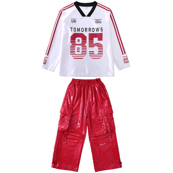 
Children's cool street dance performance trendy clothing hip-hop hiphop workwear shiny red leather pants boys and girls drum set clothing