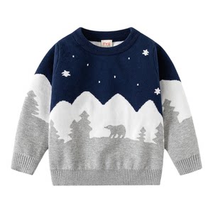 
Children's double-layer knitted cotton yarn sweater 2026 autumn and winter children's clothing boys' snow mountain bear pullover warm base layer shirt