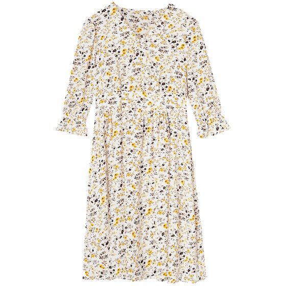 
Set dress for women in spring and summer new style, literary florals, three-quarter sleeves, high waist, V-neck mid-length skirt 0305