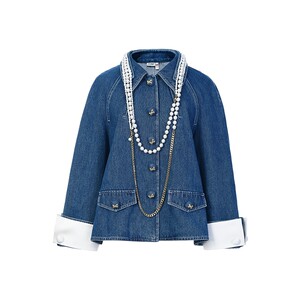
lefame Lafayem 2026 Spring Retro Trendy Pearl Chain Washed Denim Short Jacket
