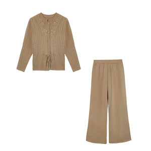 
cchenchenchen-Love Barcelona Three-dimensional flower knitted wool cardigan women's wide-leg pants sweater suit
