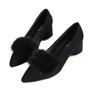 Genuine leather mink fur plus velvet thick heel pointed toe shoes
