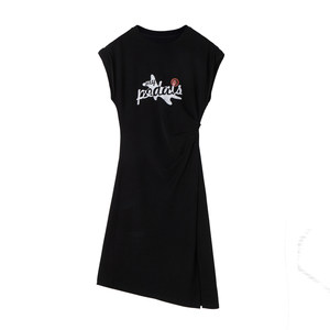 
HGENTEEL Hokkien women's original printed flying sleeves high waist pinch pleated irregular slit dress