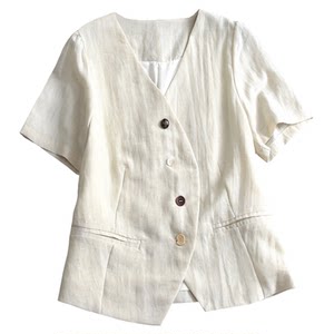 
Commuting solid color V-neck short-sleeved suit can be paired with a complete set of semi-elastic waist wide-leg casual pants women's suit R469