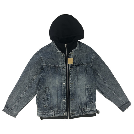 
Early spring trendy fake two-piece jacket for men with personalized cuffs frayed design loose fit thickened hooded denim jacket