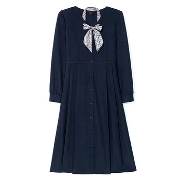 
Qisa autumn and winter new V-neck scarf waist A-line slimming and fat MM large size versatile long-sleeved dress base skirt