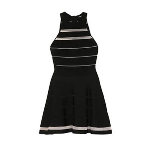 
Zhang Yuanying's same style black temperament gold-style striped knitted dress women's sleeveless waist slimming A-line short skirt
