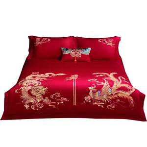 
Mercury Home Textile Cotton Wedding Four-Piece Set Embroidery Big Red Wedding Pure Cotton Set Wedding Festive Bedding Sheets Quilt Cover