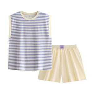 Yue Nee with chest pad integrated pajamas for women's summer sleeveless vest shorts cotton home clothes summer striped suit