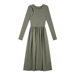 
pusumede long-sleeved hollow knitted splicing dress for women design niche waist-hugging temperament black long skirt