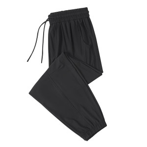 Black and powerful large size men's summer thin ice silk sun protection, breathable and loose slimming fat man casual high elastic foot trousers