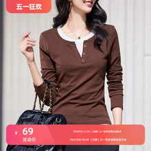 Color blocking fake two-piece round neck button up long sleeved t-shirt for women's spring