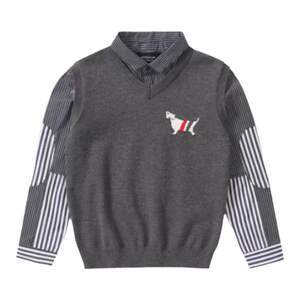 
Boys sweater plus velvet shirt fake two pieces autumn and winter 2024 new mid-large children's vest children's boy knitted vest