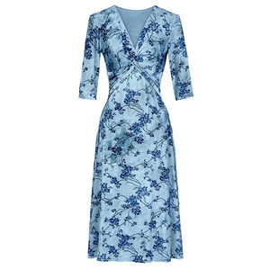 2026 new summer style French semi-transparent burnt mesh V-neck waist slimming mid-sleeve a-line printed dress for women