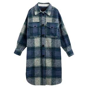 Thickened wool grid coat female medium long autumn and winter loose large size blue checkered coarse woolen coat
