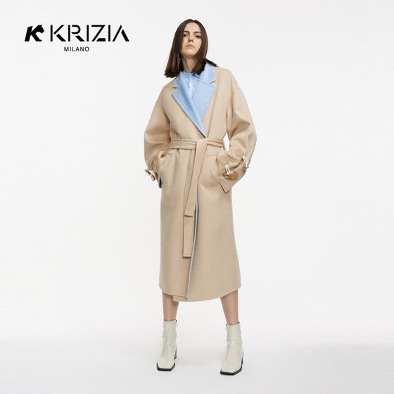 K KRIZIA 冬季新品卡其色大气撞色两穿腰带双面尼羊毛大衣女