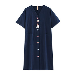Jialefen nightdress Women's pajamas summer summer summer cotton short -sleeved cardigan shirt long large size home service