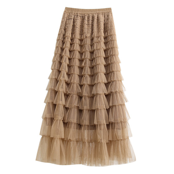 
Winter long black mesh cake skirt gauze skirt skirt for women autumn and winter 2025 new fluffy pink long skirt