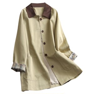 
Barn style contrasting lapel single-breasted mid-length windbreaker 2025 autumn new long-sleeved casual coat for women V866
