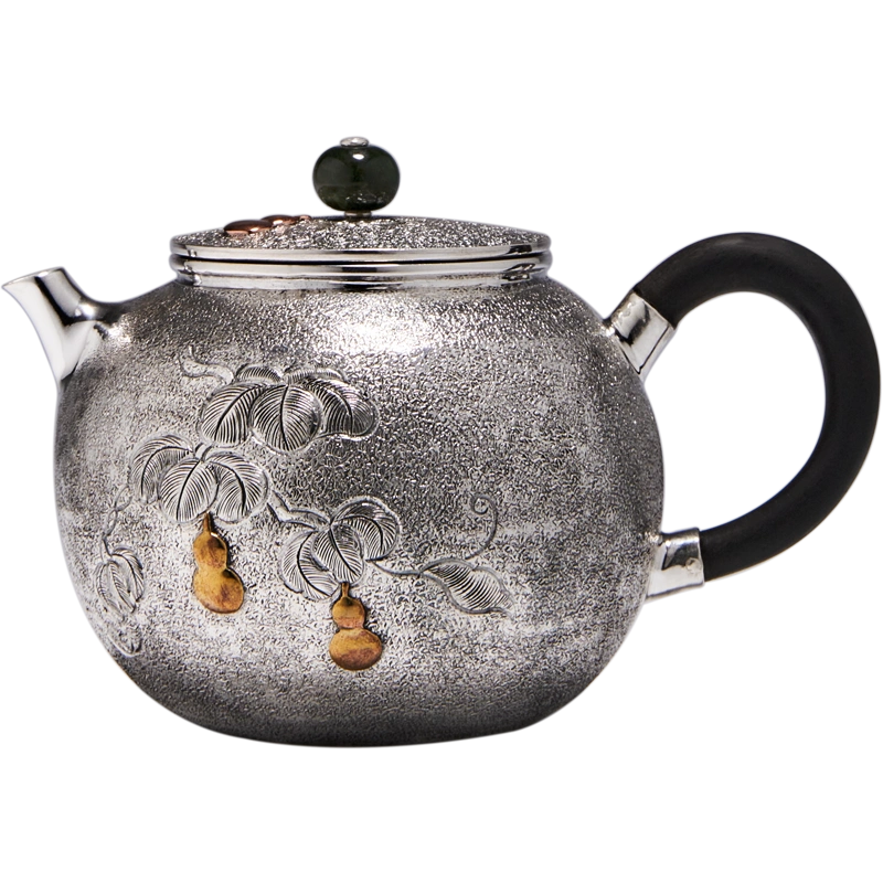 归银堂原创中式茶具999纯银泡茶壶纯手工一张打竖纹檀木防烫银壶-Taobao 