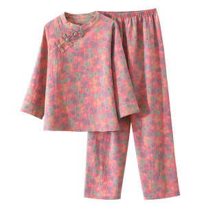 
Pure cotton Chinese style double-layer gauze button pajamas for women, retro new Chinese style slanted loose home clothing set spring and autumn
