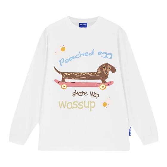 
WASSUP skateboard puppy heavy round neck long sleeve T-shirt for men and women the same spring and autumn loose versatile cotton top