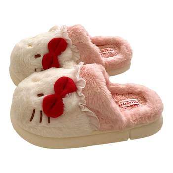 Pink Pupu KT cat ~ Fluffy warm fur slippers