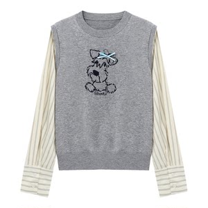 
Baijia Hao fake two-piece Schnauzer embroidered striped patchwork sleeve top sweet girl style age-reducing slimming layered sweater