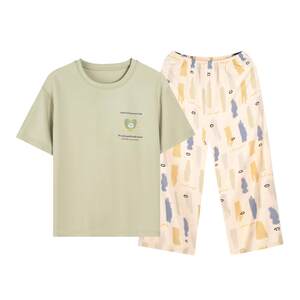 
Fenten pajamas women's summer short-sleeved pure cotton thin style with chest pad cute cartoon loose two-piece set home clothing