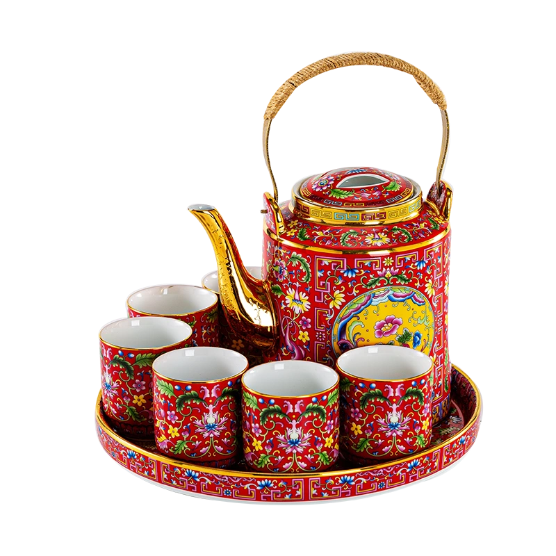 景德镇珐琅彩提梁壶茶具陶瓷水具套装客厅家用茶盘大容量茶杯水壶 