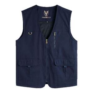 Men's non -collar pure cotton vest spring and autumn vest multi -pocket horse clip in the middle of the elderly casual loose, large size, shoulder jacket
