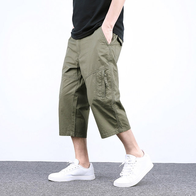 Summer men's cropped pants men's loose straight shorts summer mid-pants loose 7-point pants pure cotton casual thin style