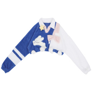 
Autumn and winter double-layer collar rabbit embroidered bow hair ball blue and white short navel-open college style knitted sweater pullover sweater