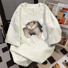 2024 New Summer American Cartoon Cat Print Short sleeved T-shirt Women's White Gray Loose Pure Cotton Top Creative