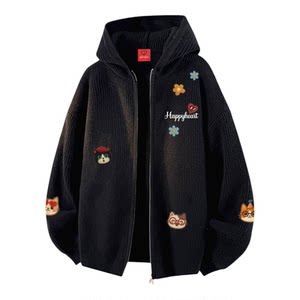 
Charles heart kitten floral print cardigan sweater for men and women winter new long-sleeved couple knitted jacket trendy