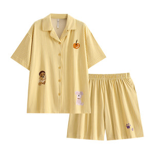 
Yuenei pajamas women's summer style pure cotton short-sleeved shorts home clothes new large size striped cartoon dog cardigan
