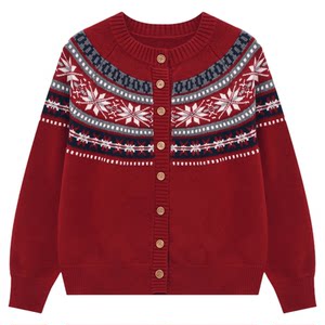
Baijiahao New Year Red Fair Isle Knitted Sweater Women's 2026 Spring New Retro Single-breasted Loose Round Neck Cardigan