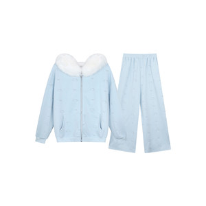 
Annie is not popular kt embroidered fur collar sweatshirt jacket and trousers set for women who are slightly fat, large size, lazy style loose suit