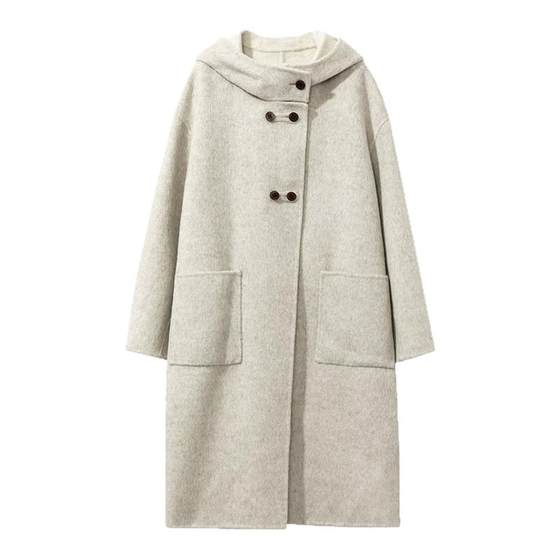 
[Floral Contrast Color] Staircase Button Wool + Rabbit Fur + Silk Wool Coat College Style Hooded Mid-Length Style