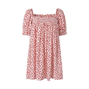 
Mossak Summer Square Neck Girly Bow Floral Puff Sleeve High Waist Short Doll Dress for Women