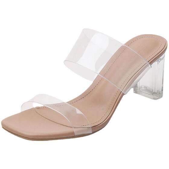 
High heels and sandals for women 2026 summer new style transparent crystal shoes fashion thick heels outer wear slippers shoes nude color