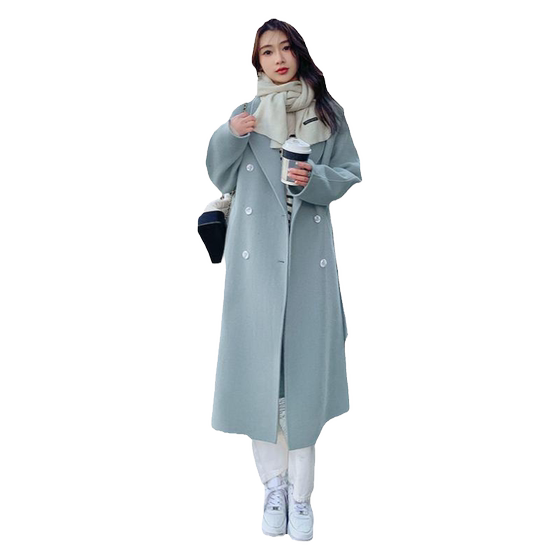 Blue double -sided fluff woolen coat 2024 autumn and winter new Korean version of the loose medium -long long lace woolen
