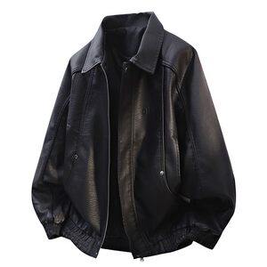 
Men's leather jacket spring and autumn new handsome motorcycle jacket plus velvet thickened lapel trendy brand versatile loose leather jacket