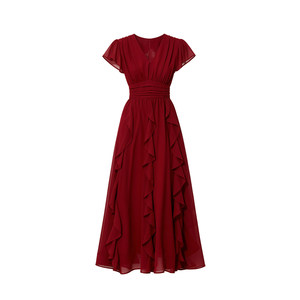 
DPLAY Red Long Dress 2026 Summer New Retro V-neck Ruffled Waist Chiffon Swing Dress