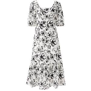 
Peacebird French Square Neck Printed Dress Spring Puff Sleeve Drapey Elegant Long Dress