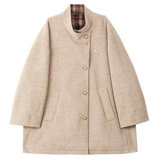 
KEIKO high-end stand-collar woolen coat 25 winter Korean checkered contrast mid-length woolen coat